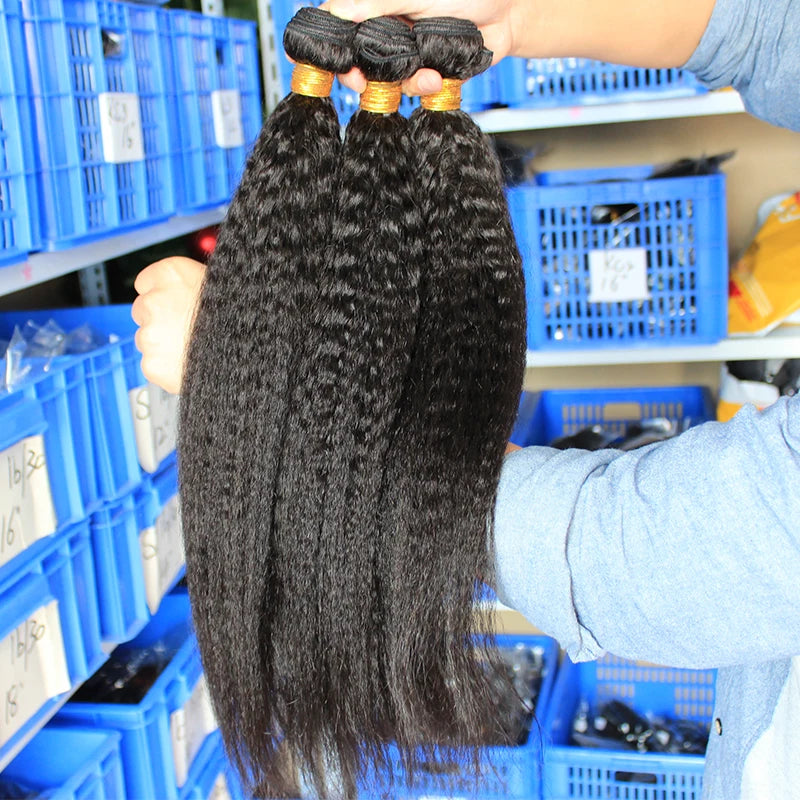 Kinky Straight Bundles Weave Coarse Yaki Straight Weaving Raw Indian Human Hair Bundles With Closure Hair Extensions For Women