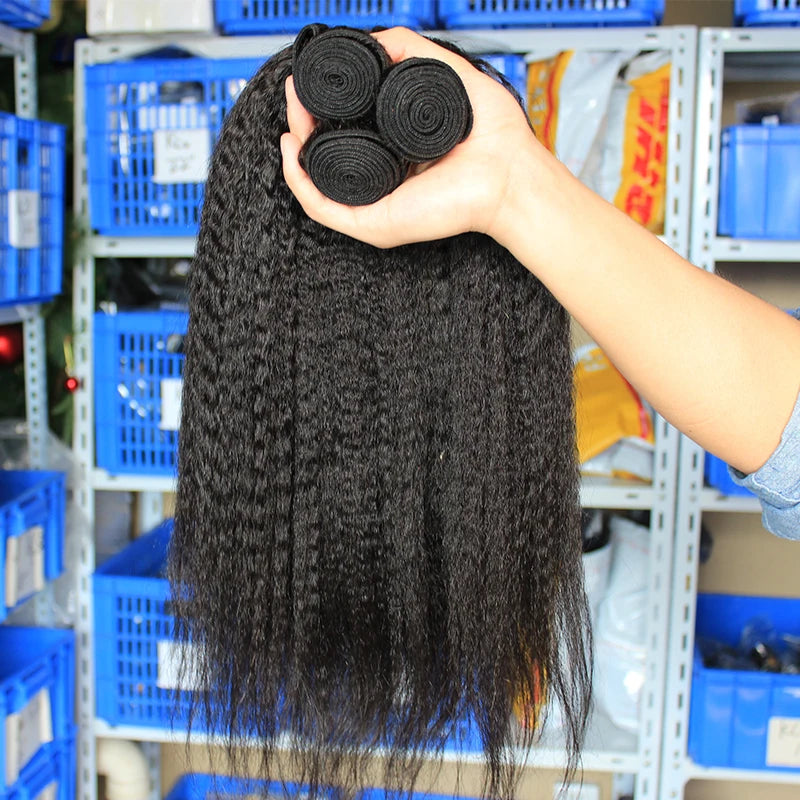 Kinky Straight Bundles Weave Coarse Yaki Straight Weaving Raw Indian Human Hair Bundles With Closure Hair Extensions For Women