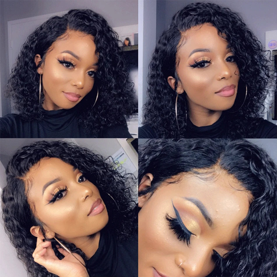 Short Bob Wig Wear And Go 13x4 Kinky Curly Lace Front Human Hair Wigs 15A Peruvian Water Wave Lace Frontal Wigs Pre Plucked