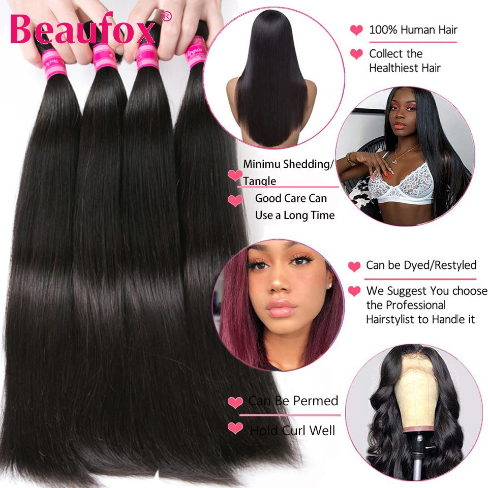 Beaufox Brazilian Hair Weave Bundles Straight Human Hair Bundles Extension Natural/Jet Black Remy 1/3/4 Pc Hair Bundles 8-30 In