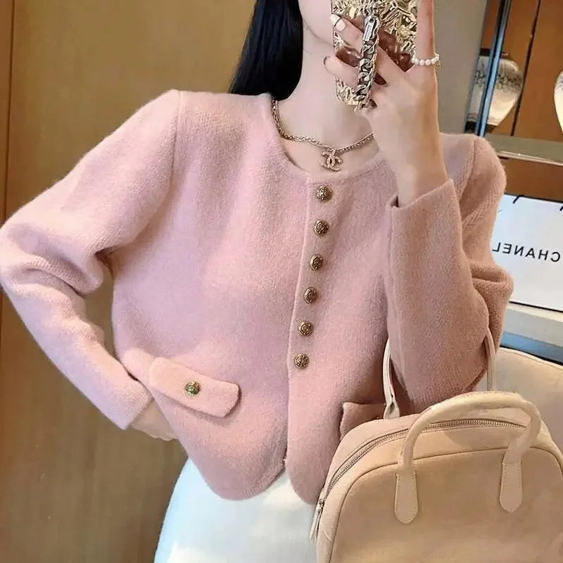 Xiaoxiangfeng New O-neck Fashion Knitted Cardigan Jacket Spring Autumn Soft Short Sweater Coat Loose Solid Cardigan Sweater