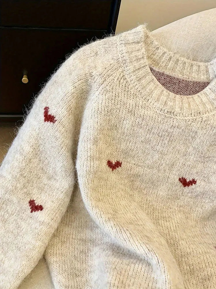 New Autumn Winter Comfortable Heart Pattern Sweater Long Sleeve Pullover Round Neck Top Sweater Warm Versatile Women's Clothing