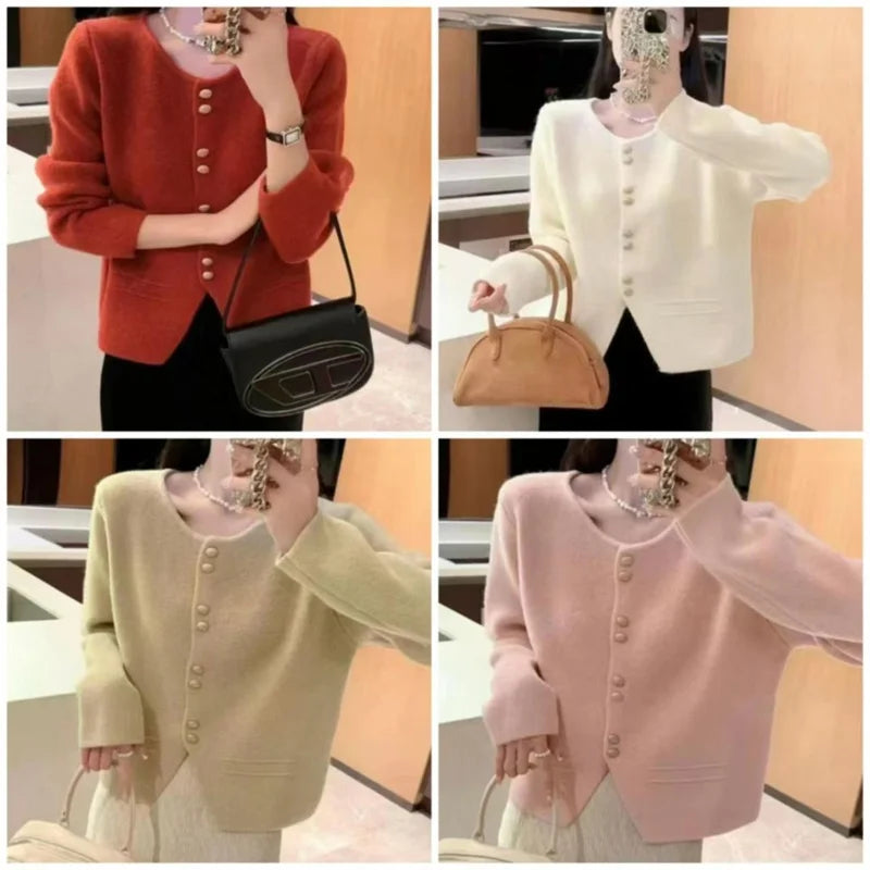 Xiaoxiangfeng New O-neck Fashion Knitted Cardigan Jacket Spring Autumn Soft Short Sweater Coat Loose Solid Cardigan Sweater