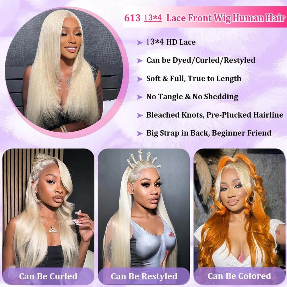Straight Human Hair Wig 13x4/13x6 HD Lace Frontal Wig 30 Inch 613 Honey Blonde Colored Lace Front Human Hair Wig
