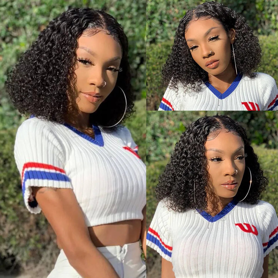 Short Bob Wig Wear And Go 13x4 Kinky Curly Lace Front Human Hair Wigs 15A Peruvian Water Wave Lace Frontal Wigs Pre Plucked
