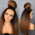 Natural Hairline 200 Density Ombre 4/27 Yaki Human Hair Kinky Straight Lace Front Wig for Women Baby Hair Pre Plucked Glueless