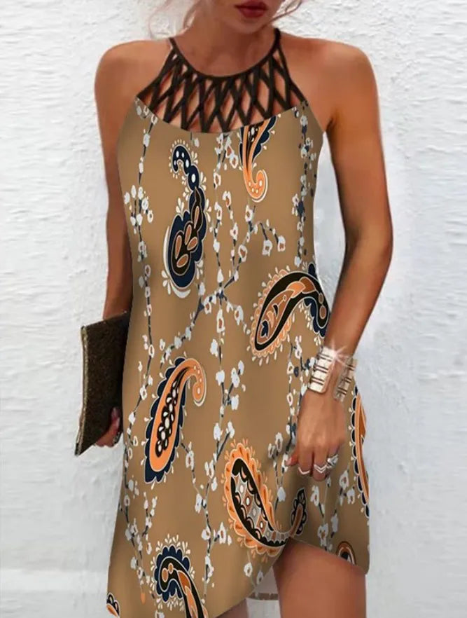 Boho Sexy Dress for Women Beach Mini Dress Fashion Dress Women Summer Sleeveless Hollow Elegant Party Dress Print Vestido 2023