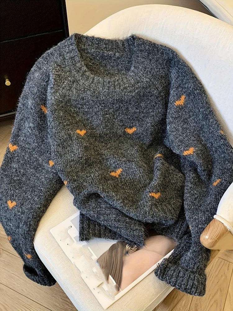 New Autumn Winter Comfortable Heart Pattern Sweater Long Sleeve Pullover Round Neck Top Sweater Warm Versatile Women's Clothing