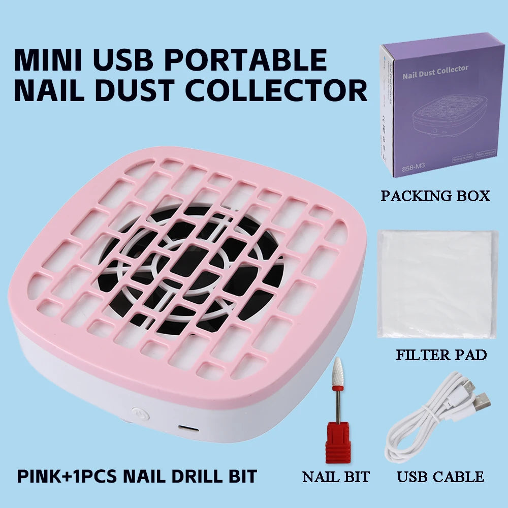 Portable USB Nail Dust Collector Vacuum Cleaner with Filter Pads, Mini Manicure Tool for Acrylic, Glue Dust Cleaning Home Travel
