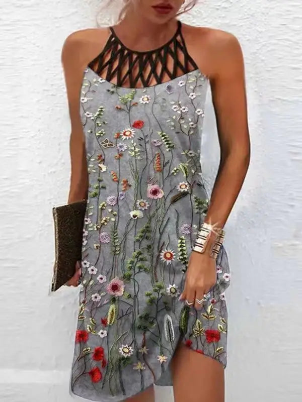 Boho Sexy Dress for Women Beach Mini Dress Fashion Dress Women Summer Sleeveless Hollow Elegant Party Dress Print Vestido 2023