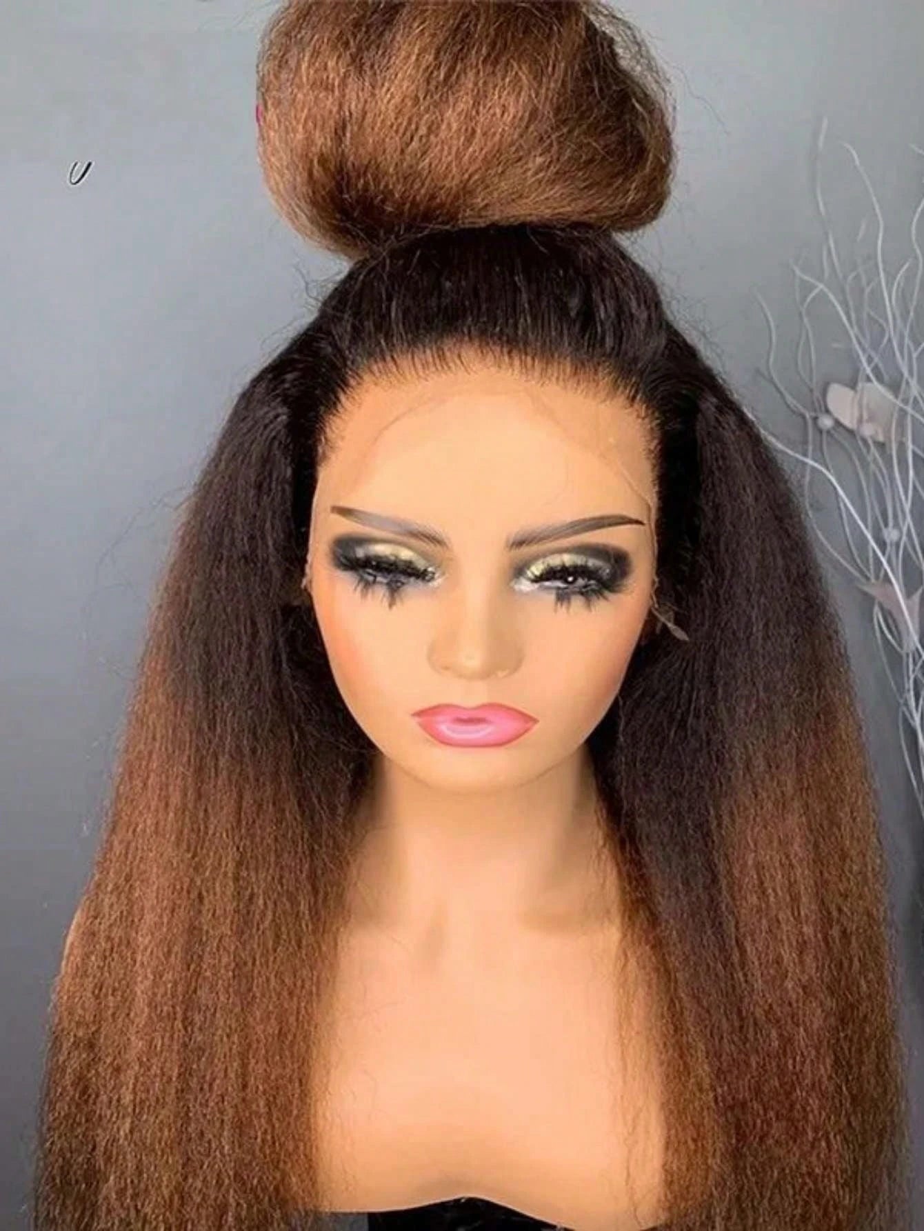 Natural Hairline 200 Density Ombre 4/27 Yaki Human Hair Kinky Straight Lace Front Wig for Women Baby Hair Pre Plucked Glueless
