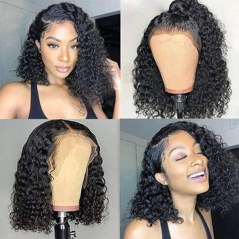 Short Bob Wig Wear And Go 13x4 Kinky Curly Lace Front Human Hair Wigs 15A Peruvian Water Wave Lace Frontal Wigs Pre Plucked