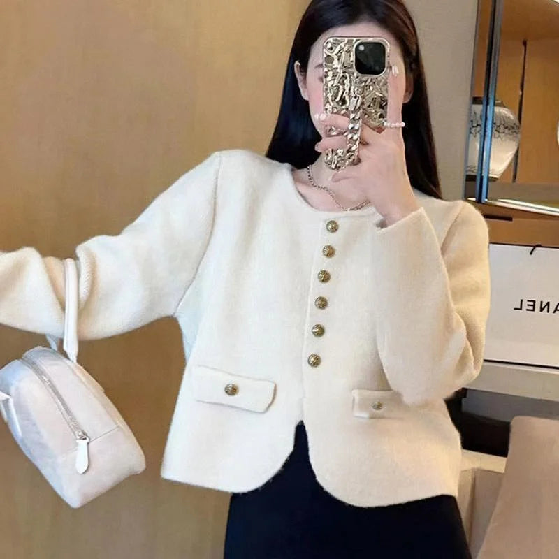 Xiaoxiangfeng New O-neck Fashion Knitted Cardigan Jacket Spring Autumn Soft Short Sweater Coat Loose Solid Cardigan Sweater