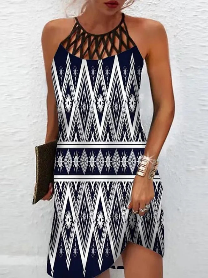 Boho Sexy Dress for Women Beach Mini Dress Fashion Dress Women Summer Sleeveless Hollow Elegant Party Dress Print Vestido 2023
