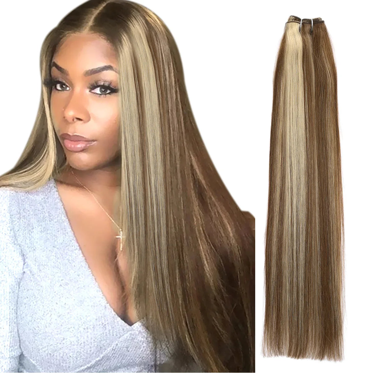 Real Beauty Platinum Blond Brazilian Straight Hair Weave Bundles 14"-28" Hight Ratio Remy Hair Extensions Brown #4 Blond P6/613#
