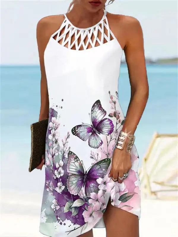Boho Sexy Dress for Women Beach Mini Dress Fashion Dress Women Summer Sleeveless Hollow Elegant Party Dress Print Vestido 2023