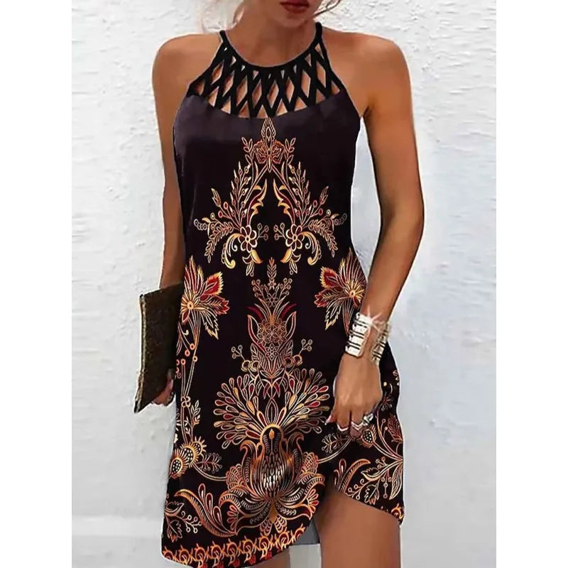 Boho Sexy Dress for Women Beach Mini Dress Fashion Dress Women Summer Sleeveless Hollow Elegant Party Dress Print Vestido 2023