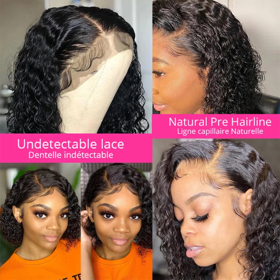 Short Bob Wig Wear And Go 13x4 Kinky Curly Lace Front Human Hair Wigs 15A Peruvian Water Wave Lace Frontal Wigs Pre Plucked