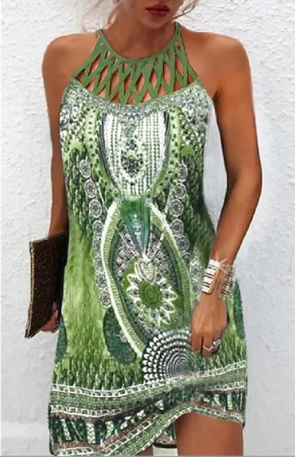 Boho Sexy Dress for Women Beach Mini Dress Fashion Dress Women Summer Sleeveless Hollow Elegant Party Dress Print Vestido 2023