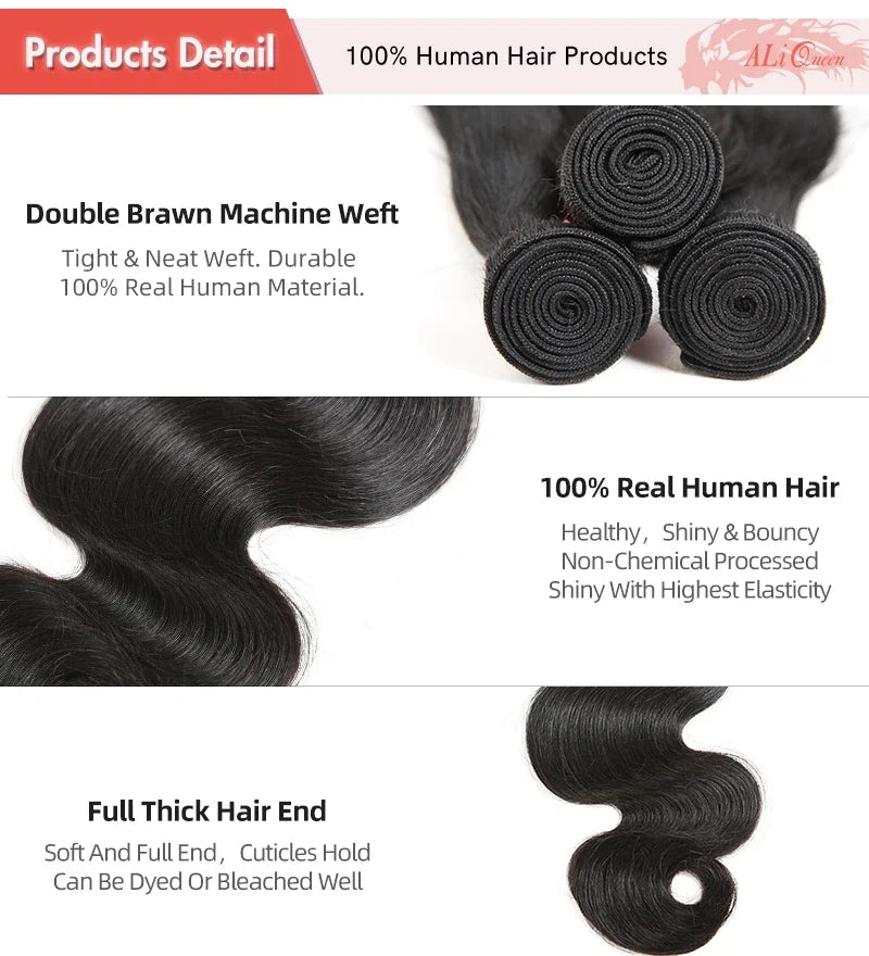 Ali Queen Hair Brazilian Body Wave Raw Virgin Hair Weaving Natural Color 8-34 inches 3/4Pcs 100% Human Hair Weave Bundles