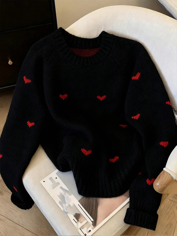 New Autumn Winter Comfortable Heart Pattern Sweater Long Sleeve Pullover Round Neck Top Sweater Warm Versatile Women's Clothing