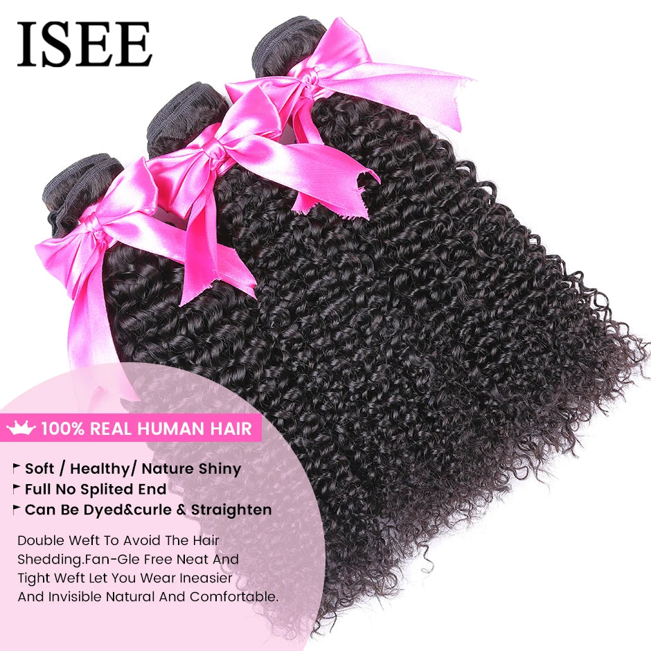ISEE HAIR Mongolian Kinky Curly Hair Bundles 100% Human Hair Extensions Nature Color Buy 1/3/4 Bundles Thick Kinky Curly Bundles