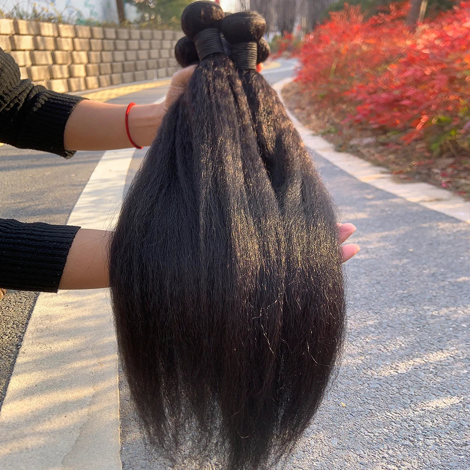8-30 Kinky Straight Human Hair Bundles Coarse Yaki Weave Bundles Brazilian Raw Human Hair Extensions Sale for Women Double Wefts
