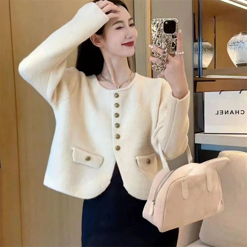 Xiaoxiangfeng New O-neck Fashion Knitted Cardigan Jacket Spring Autumn Soft Short Sweater Coat Loose Solid Cardigan Sweater