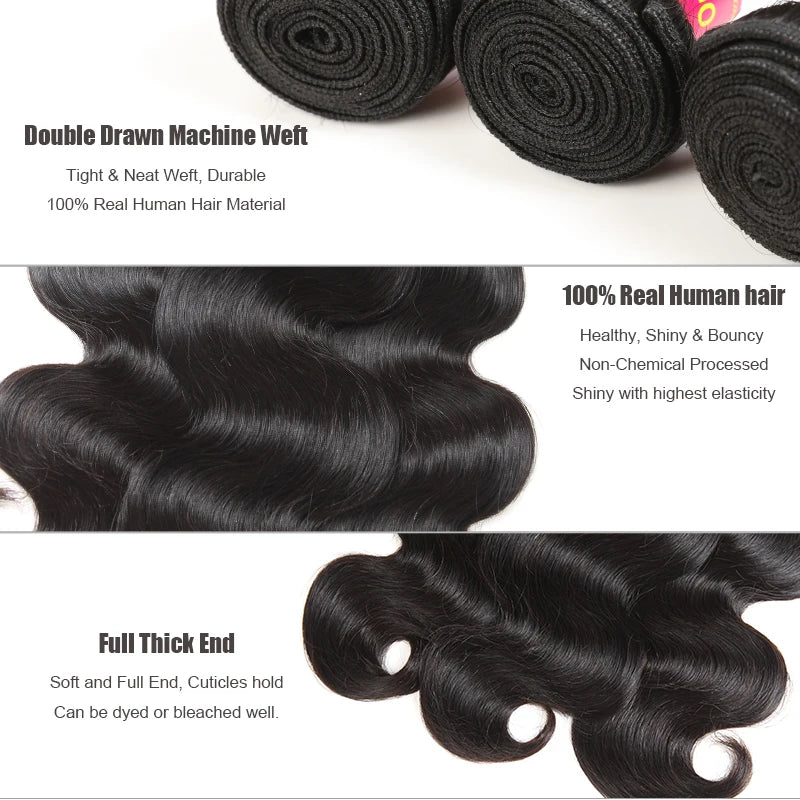 Ali Queen Hair Brazilian Body Wave Raw Virgin Hair Weaving Natural Color 8-34 inches 3/4Pcs 100% Human Hair Weave Bundles