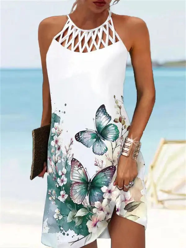 Boho Sexy Dress for Women Beach Mini Dress Fashion Dress Women Summer Sleeveless Hollow Elegant Party Dress Print Vestido 2023