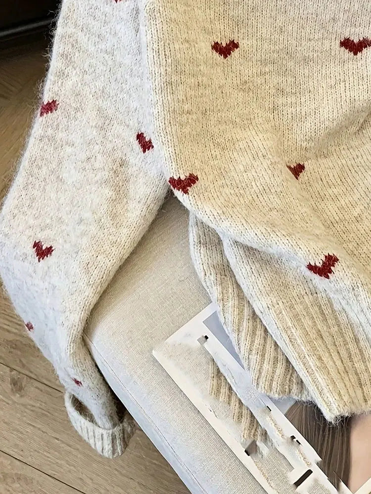 New Autumn Winter Comfortable Heart Pattern Sweater Long Sleeve Pullover Round Neck Top Sweater Warm Versatile Women's Clothing