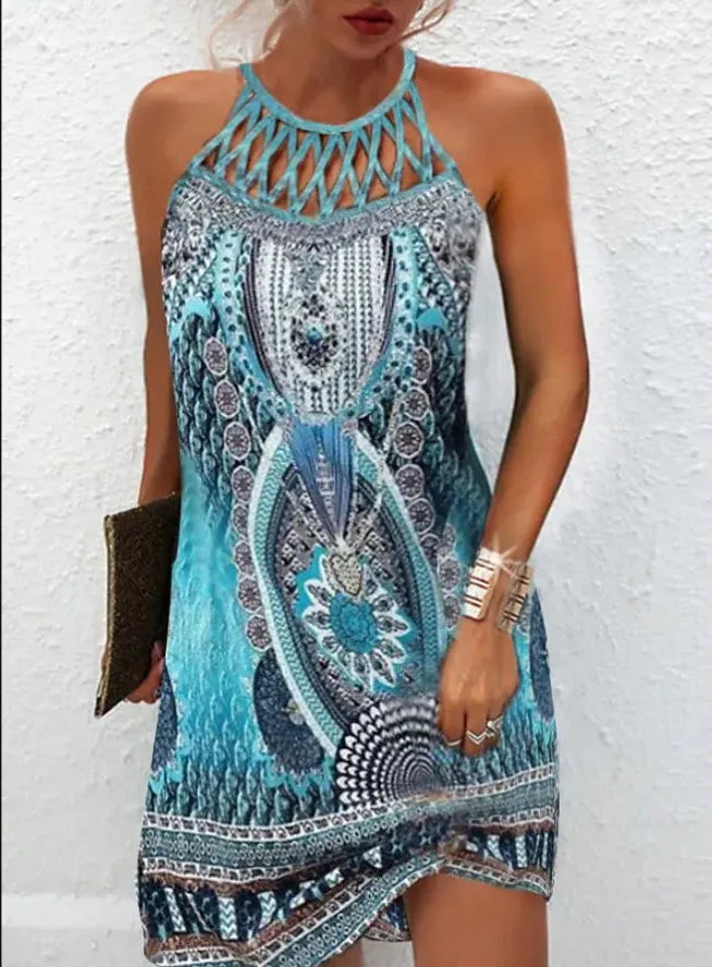 Boho Sexy Dress for Women Beach Mini Dress Fashion Dress Women Summer Sleeveless Hollow Elegant Party Dress Print Vestido 2023