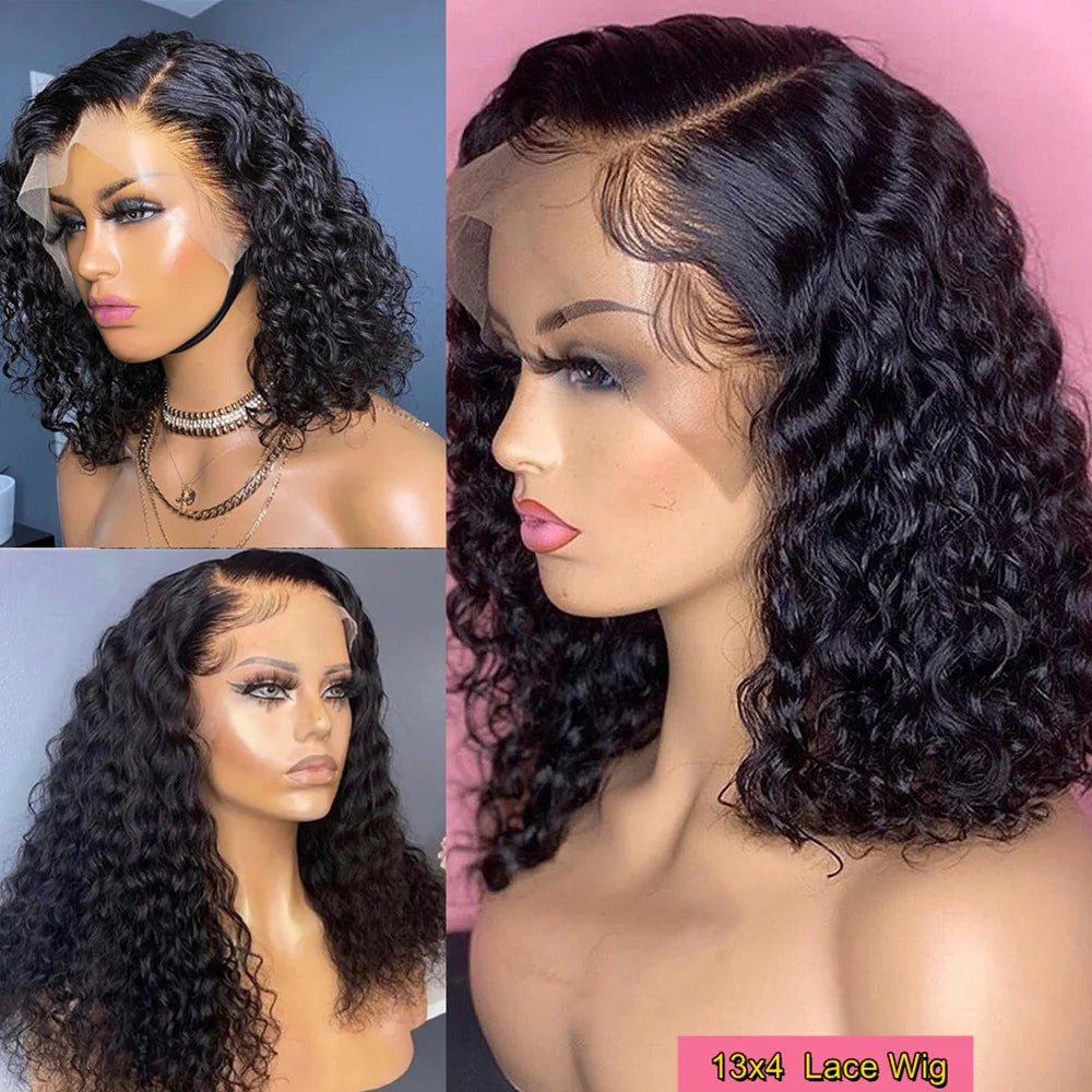 Short Bob Wig Wear And Go 13x4 Kinky Curly Lace Front Human Hair Wigs 15A Peruvian Water Wave Lace Frontal Wigs Pre Plucked