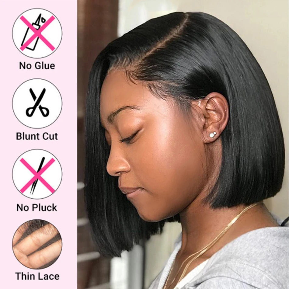Wear And Go Glueless Short Bob Wigs Brazilian Straight HD Transparent Lace Front Human Hair Wigs Perruque Cheveux Humain 180%