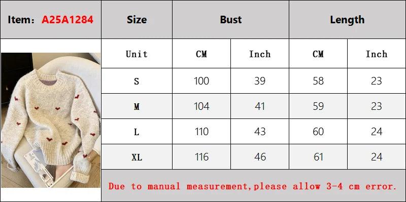 New Autumn Winter Comfortable Heart Pattern Sweater Long Sleeve Pullover Round Neck Top Sweater Warm Versatile Women's Clothing