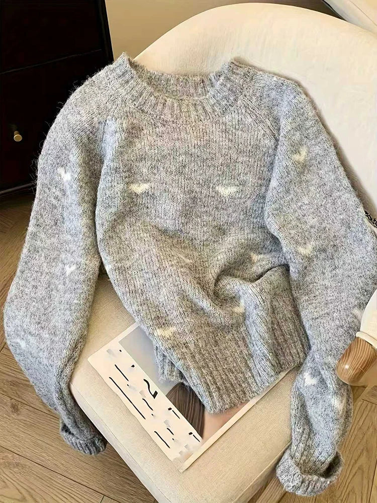 New Autumn Winter Comfortable Heart Pattern Sweater Long Sleeve Pullover Round Neck Top Sweater Warm Versatile Women's Clothing