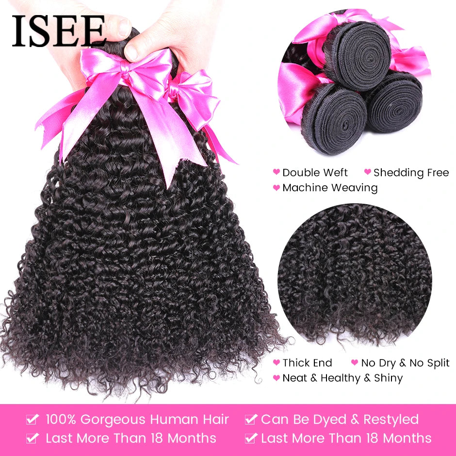ISEE HAIR Mongolian Kinky Curly Hair Bundles 100% Human Hair Extensions Nature Color Buy 1/3/4 Bundles Thick Kinky Curly Bundles