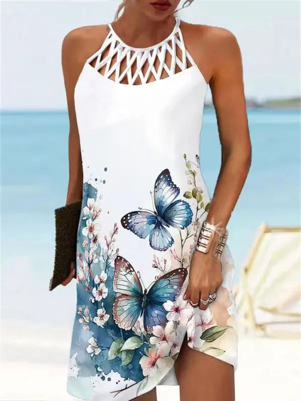 Boho Sexy Dress for Women Beach Mini Dress Fashion Dress Women Summer Sleeveless Hollow Elegant Party Dress Print Vestido 2023