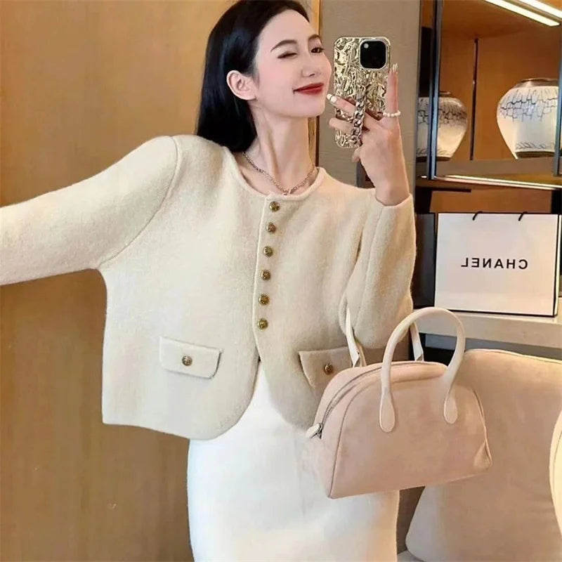 Xiaoxiangfeng New O-neck Fashion Knitted Cardigan Jacket Spring Autumn Soft Short Sweater Coat Loose Solid Cardigan Sweater