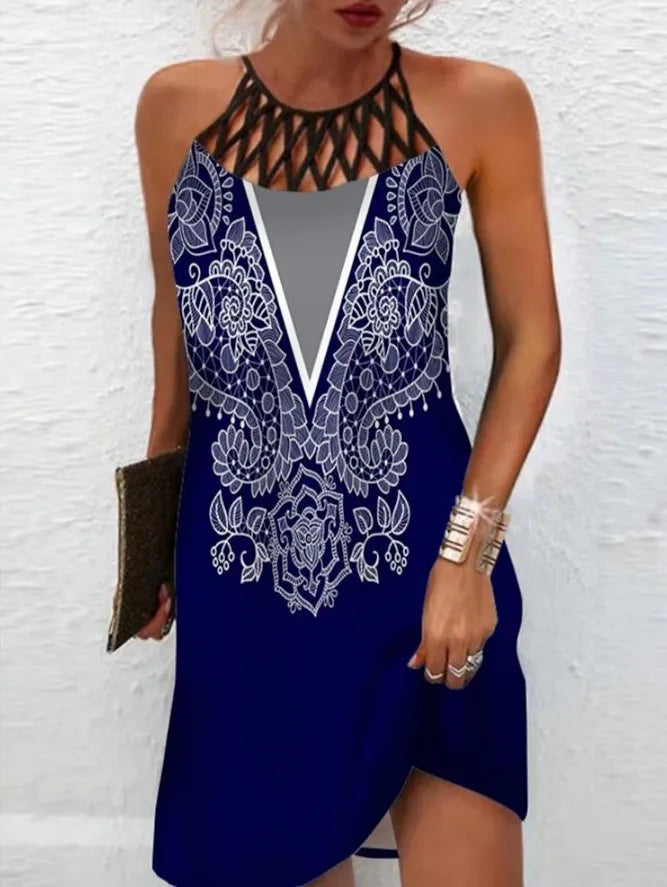 Boho Sexy Dress for Women Beach Mini Dress Fashion Dress Women Summer Sleeveless Hollow Elegant Party Dress Print Vestido 2023