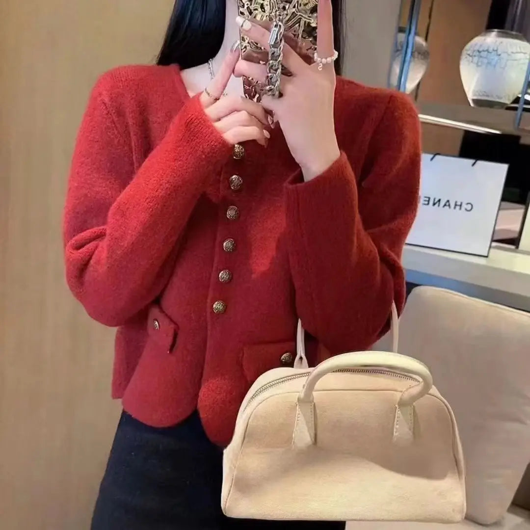 Xiaoxiangfeng New O-neck Fashion Knitted Cardigan Jacket Spring Autumn Soft Short Sweater Coat Loose Solid Cardigan Sweater