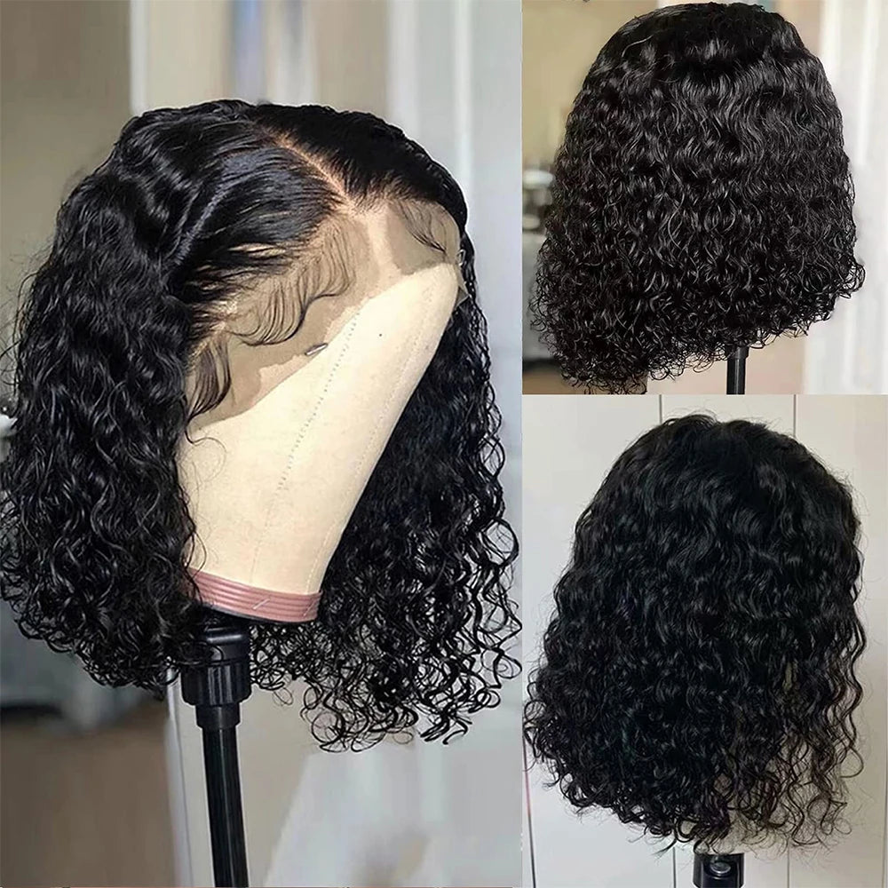 Short Bob Wig Wear And Go 13x4 Kinky Curly Lace Front Human Hair Wigs 15A Peruvian Water Wave Lace Frontal Wigs Pre Plucked