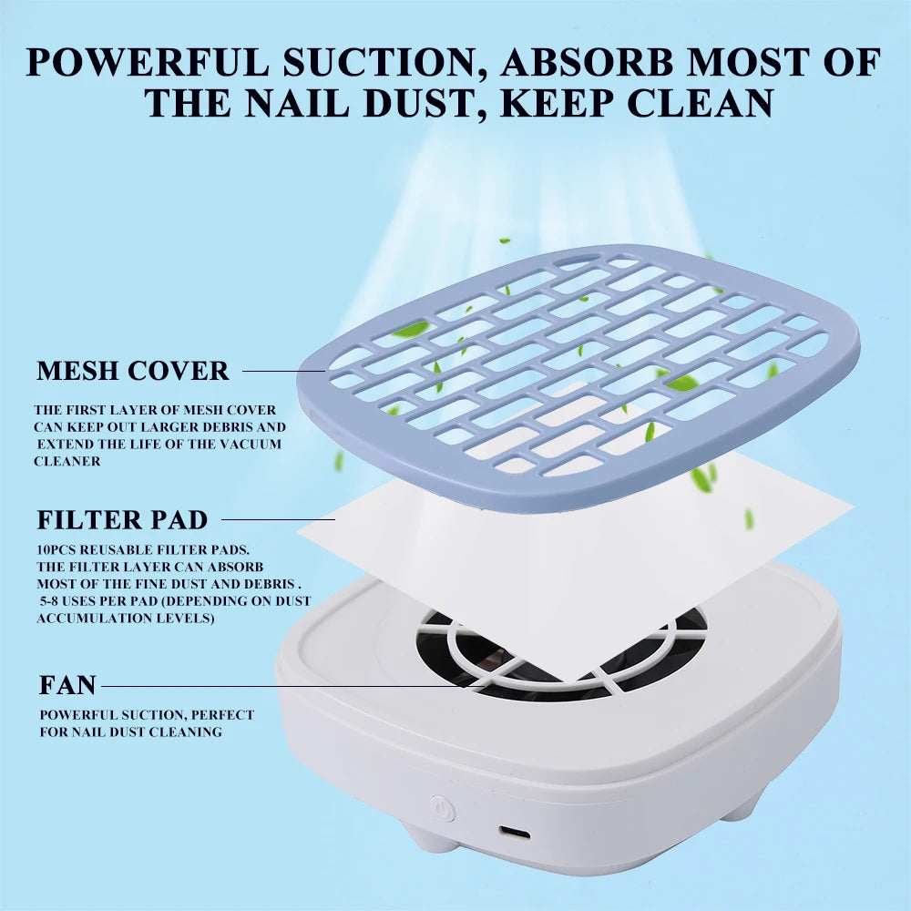 Portable USB Nail Dust Collector Vacuum Cleaner with Filter Pads, Mini Manicure Tool for Acrylic, Glue Dust Cleaning Home Travel