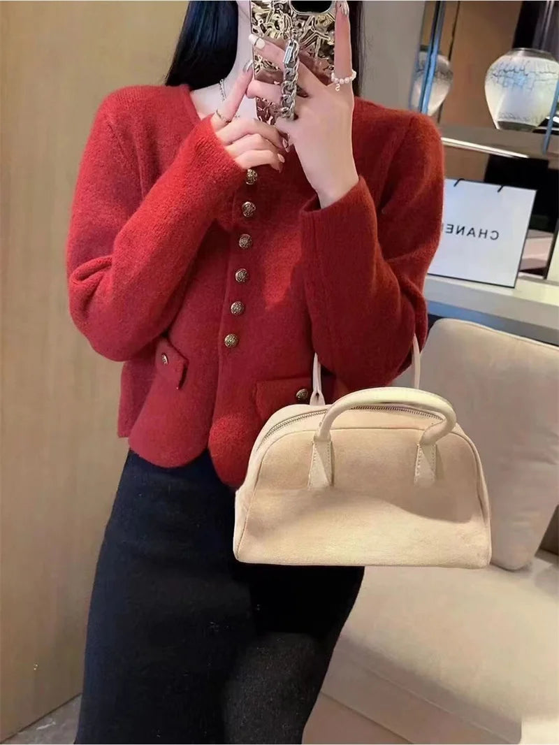 Xiaoxiangfeng New O-neck Fashion Knitted Cardigan Jacket Spring Autumn Soft Short Sweater Coat Loose Solid Cardigan Sweater
