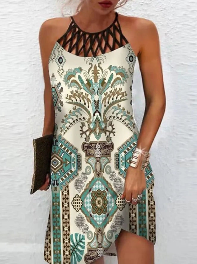 Boho Sexy Dress for Women Beach Mini Dress Fashion Dress Women Summer Sleeveless Hollow Elegant Party Dress Print Vestido 2023