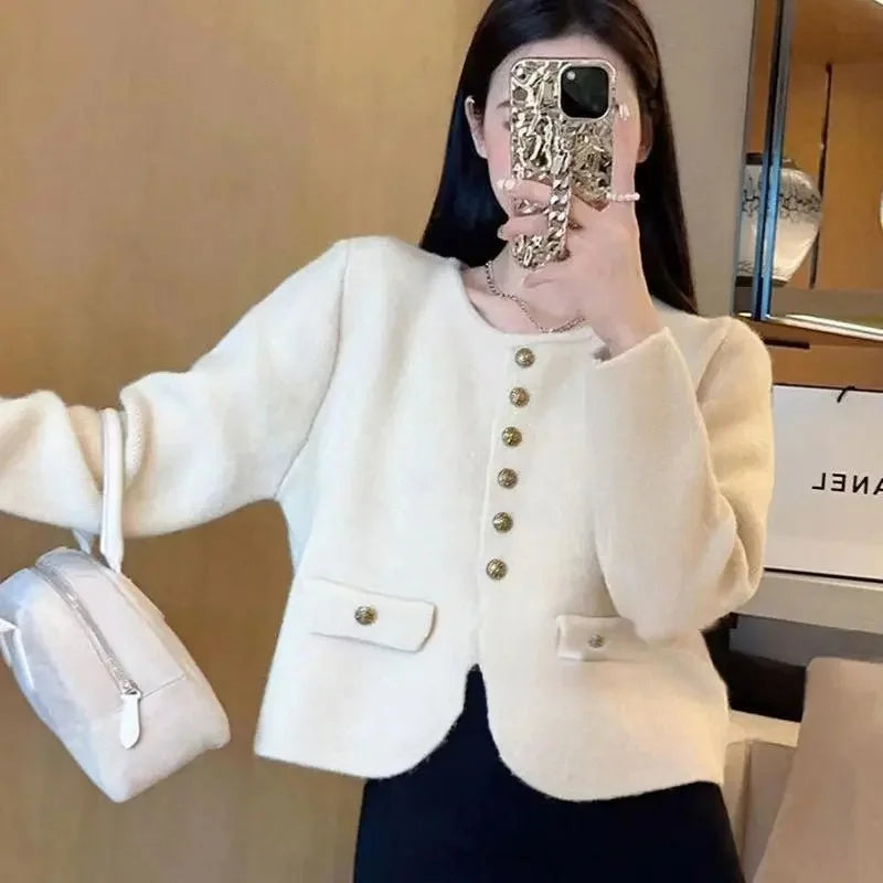 Xiaoxiangfeng New O-neck Fashion Knitted Cardigan Jacket Spring Autumn Soft Short Sweater Coat Loose Solid Cardigan Sweater
