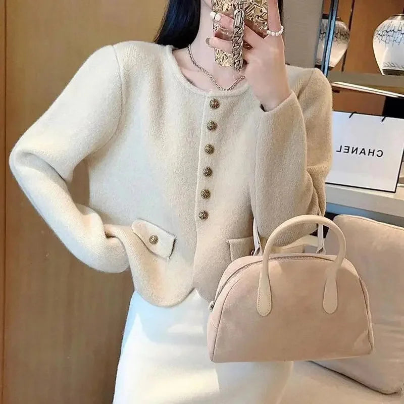 Xiaoxiangfeng New O-neck Fashion Knitted Cardigan Jacket Spring Autumn Soft Short Sweater Coat Loose Solid Cardigan Sweater