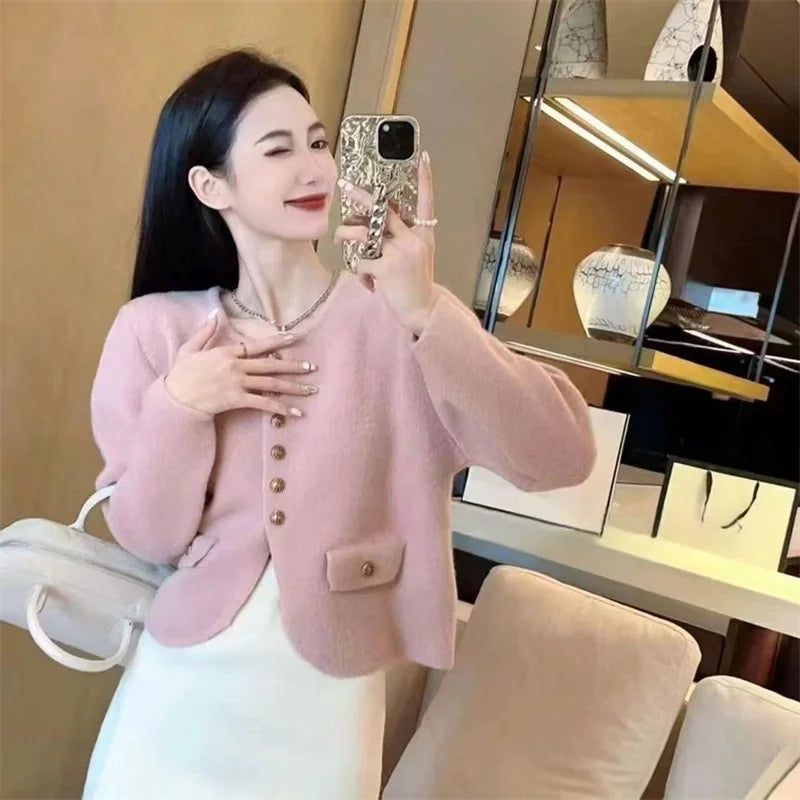 Xiaoxiangfeng New O-neck Fashion Knitted Cardigan Jacket Spring Autumn Soft Short Sweater Coat Loose Solid Cardigan Sweater
