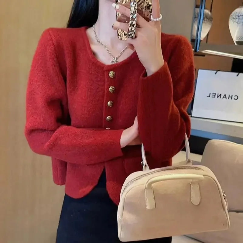 Xiaoxiangfeng New O-neck Fashion Knitted Cardigan Jacket Spring Autumn Soft Short Sweater Coat Loose Solid Cardigan Sweater