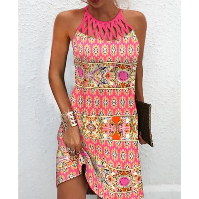 Boho Sexy Dress for Women Beach Mini Dress Fashion Dress Women Summer Sleeveless Hollow Elegant Party Dress Print Vestido 2023